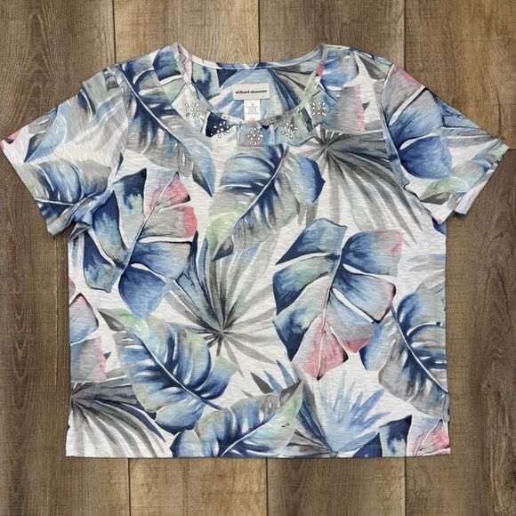 Alfred Dunner Tops - Alfred Dunner Top Womens Large Blue Gray Green Palm Leaves Bedazzled Rhinestones